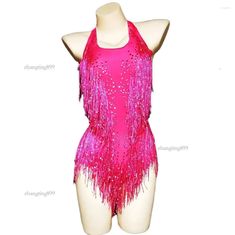 Stage Wear Multicolored Shining Tassel Fringe Rhinestones Halter Backless Sexy Women Leotard Bodysuit Nightclub Wears Pole Ballroom Cloth