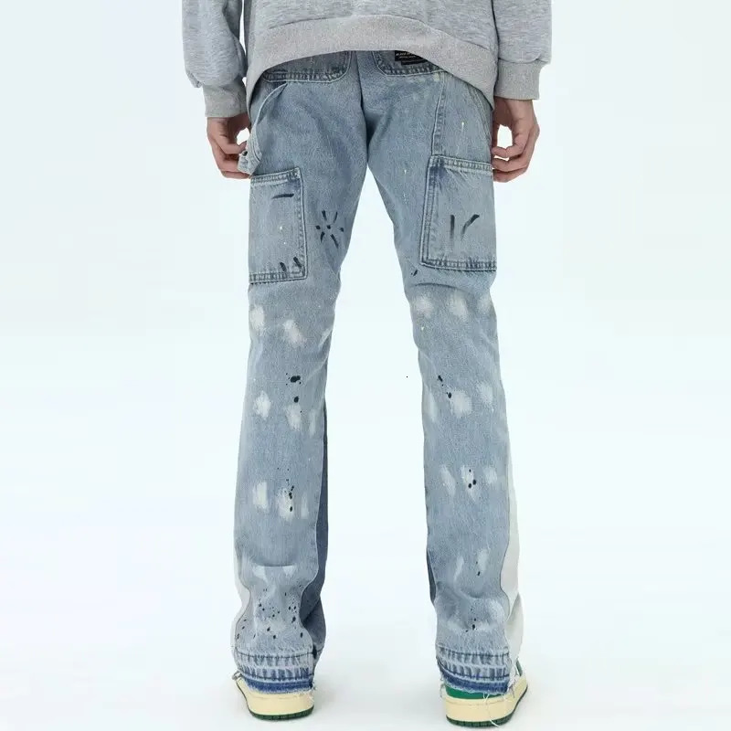 2024 Painting Patch Baggy Stacked Jeans Y2K Flare Cargo Pants For Men Clothing Washed Blue Denim Trousers PantAlon Homme 240420