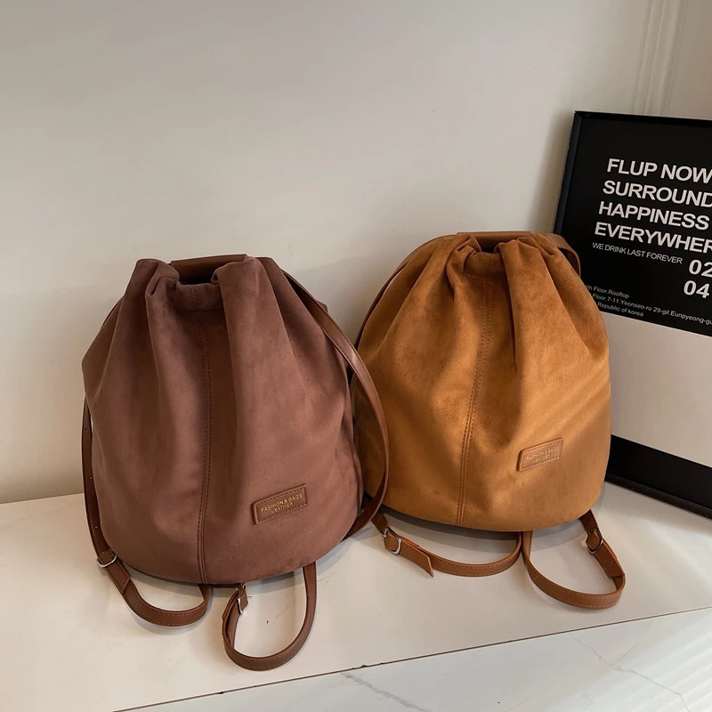 Latest Womens Fashion Backpack Drawstring Bucket Shoulder Bag Soft Suede Large Capacity Rucksack for Travel and Shopping 241122