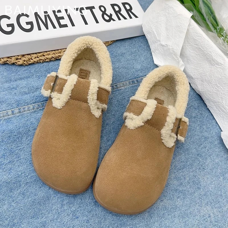 Fur Suede Women Flats Snow Boots Short Plush Casual Buckle Cotton Shoes Trend Walking Warm Cozy Winter Botas De Mujer 241122
