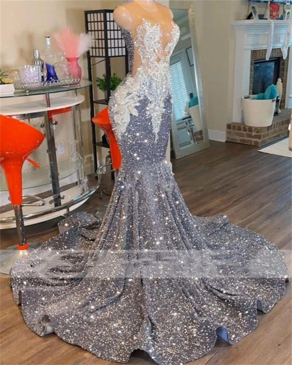 Shinning Sier Sequin Mermaid Prom Dresses Sheer Neck Lace Appliques Evening Plus Size Birthday Party Gowns For African Girls Robe