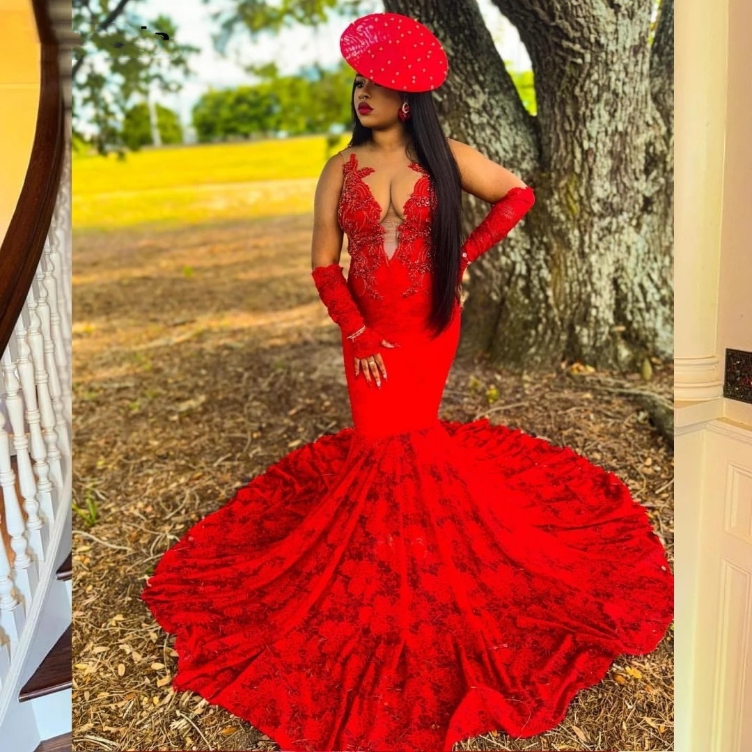Sexy Red Mermaid Prom Dress For African Black Girls V Neck Crystals Beaded Formal Party Gowns Vestidos De Gala