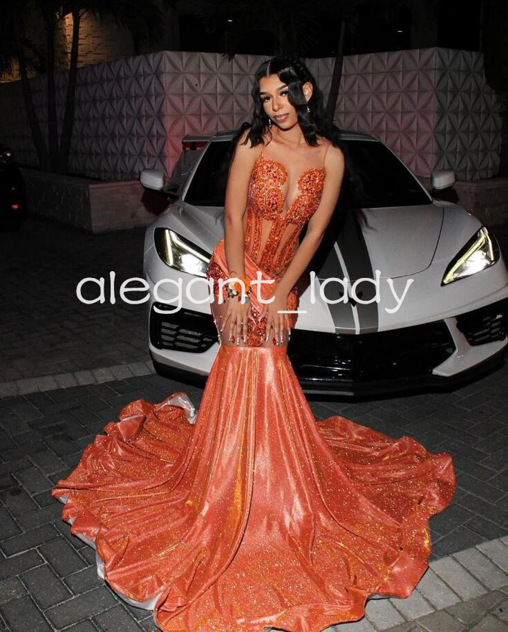 Orange Gillter Mermaid Long Evening Formal Party Dresses for Black Girl Sheer Sparkly Prom Birthday Gala Ceremony Dress