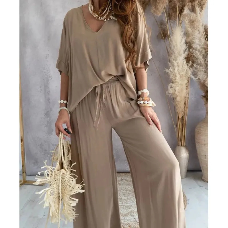 2024 Long Pant Sets Summer two piece set For Women V neck Bat Sleeve Casual Loose Wideleg Pants 2 solid color Outfits 240419