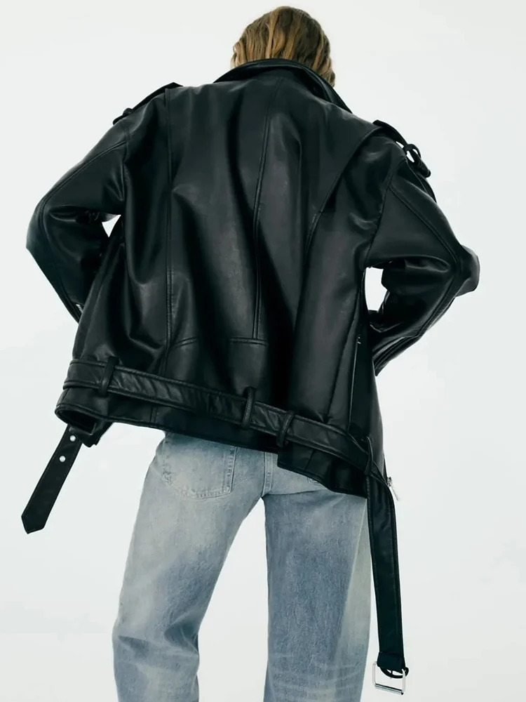 TRAF Womens Leather Jacket Fall And Winter Lapel LongSleeved Pockets With Belt Fashion Coat 241122