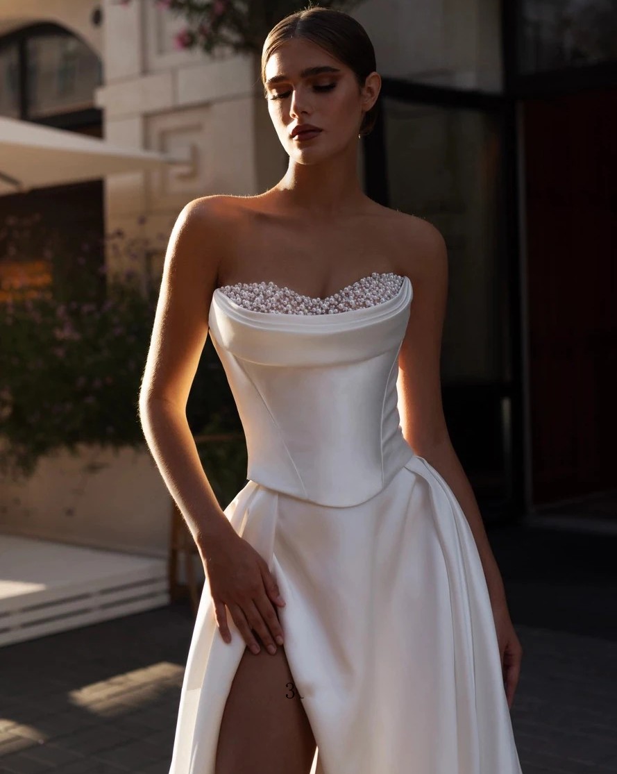High Quality A-line Wedding Dress Sweetheart Pearls Beads Side Slit Satin Women Bridal Gowns Sweep Train Vestidos De Novias Custom Made