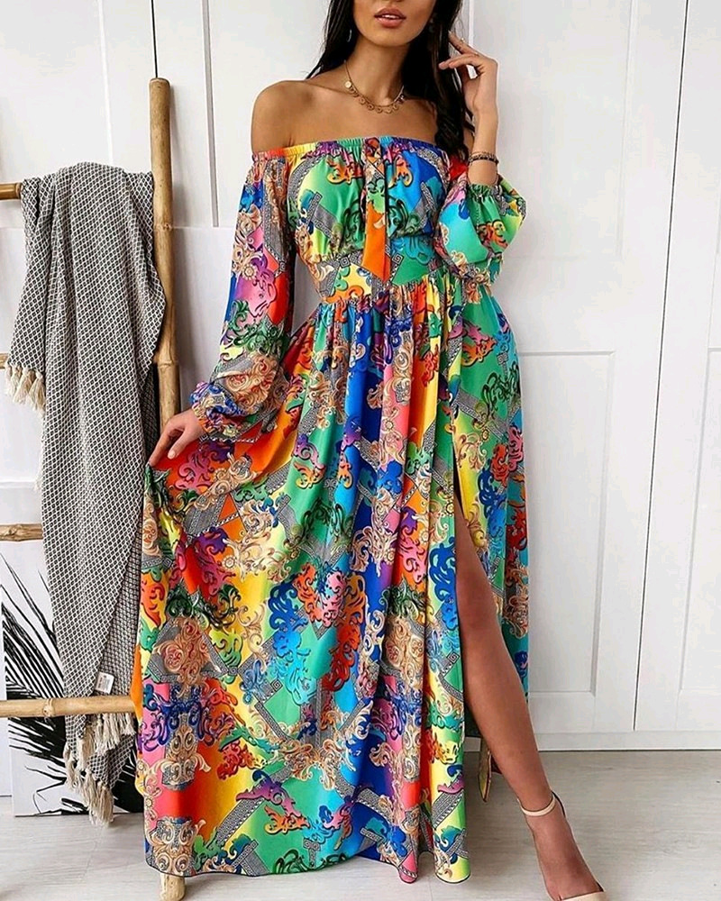 dresses for women Summer evening dress printed dress one-shoulder pullover retro long-sleeved wide slit long evening dresses elegant