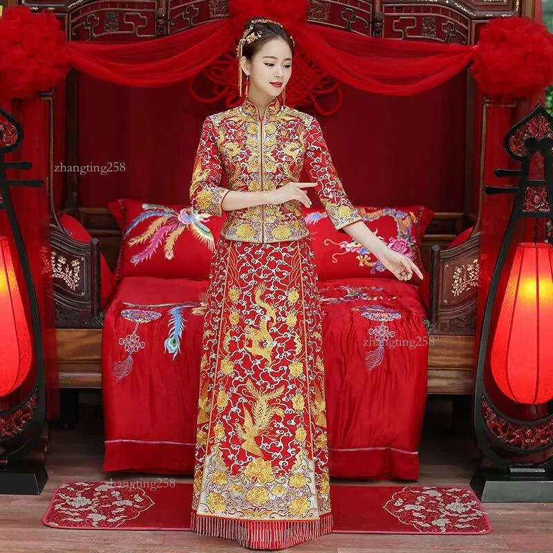 Ethnic Clothing Dragon Gown Bride Wedding Dress Chinese Style Costume Phoenix Cheongsam Evening Show Slim For The