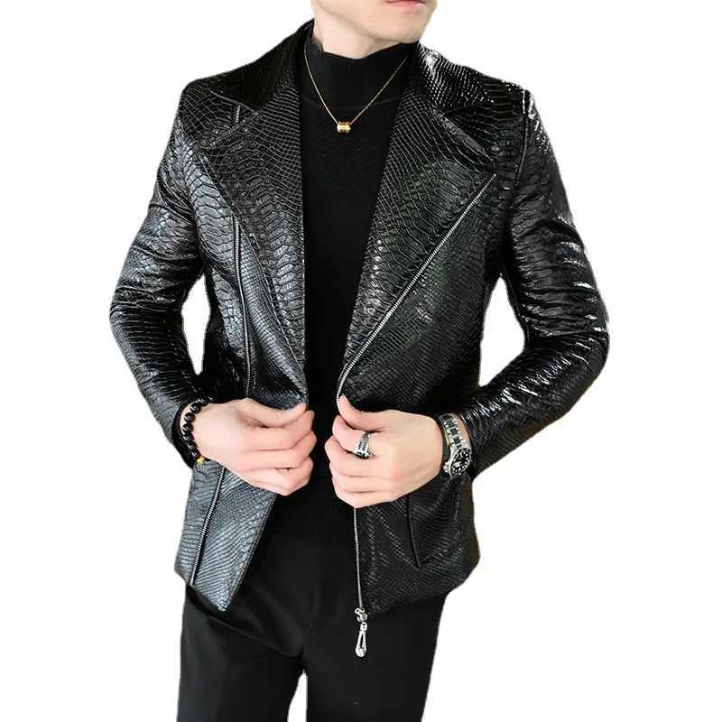 Casual snake skin jacket mens autumn and winter black PU leather ultra-thin set jacket mens motorcycle retro jacket W241122