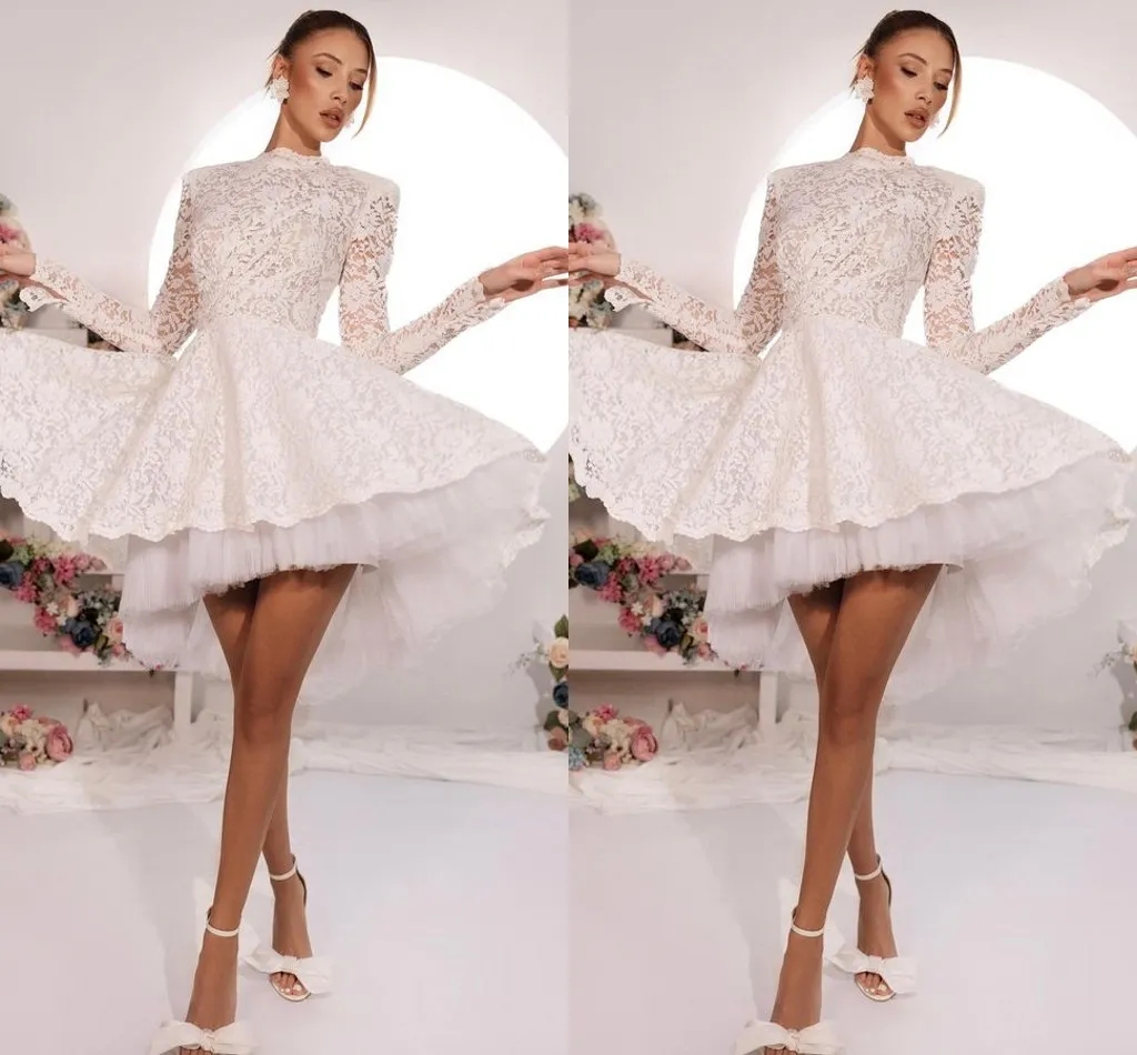 Full Lace Plus Size A Line Wedding Dresses for Women Long Sleeves Brides Jewel Neck Tulle Above Knee Length Bridal Gowns Wedding Guest Party Dress Cus