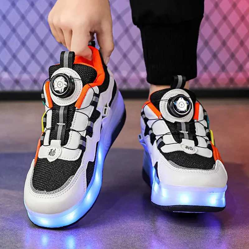 Athletic Outdoor Boys sneakers rotating button light roller skating pulleys shoes elementary childrens shoes Kids walking LED light shoes Girls H24112