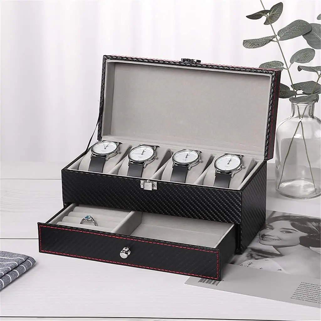 Watch box PU leather jewelry organizer mens/womens travel display box 4-slot magnetic top black 241122