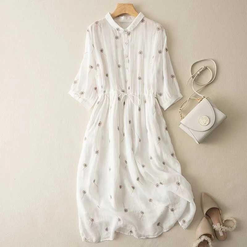 New Summer Rami Dress Wenling Short Skirt Sve Pahwork Party Dress Embroidered Cotton Linen Midi Dress M241123