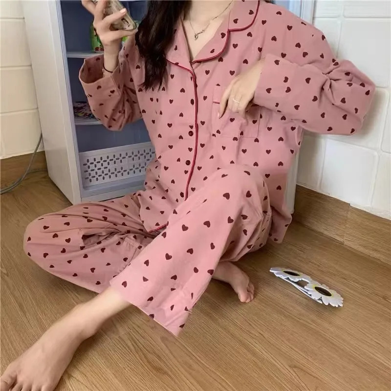 Cotton Sleepwear Korean Pajamas Women Spring Cute Heart Print Pyjamas Long Sleeve Pijama Female Set Negligee Cardigan Suit 241120