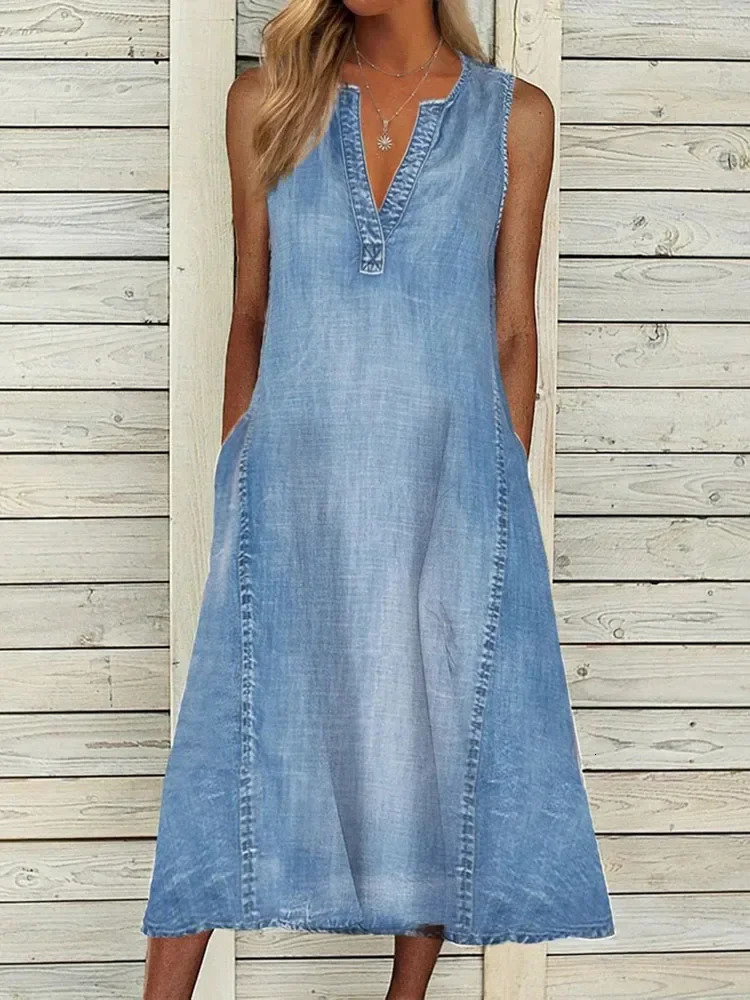 Women Vneck Sleeveless Midi Dress Spring Summer Denim Pockets Casual Loose Beach Long Dresses Streetwear 240422