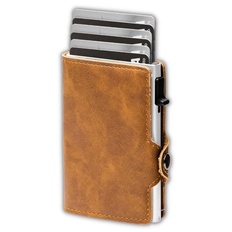 Elegant Thin Men's RFID Protected Wallet - Convenient Card Clip Functionality Alloy Frame Vintage Style Cardholder Wallet - Genuine Leather & Pus
