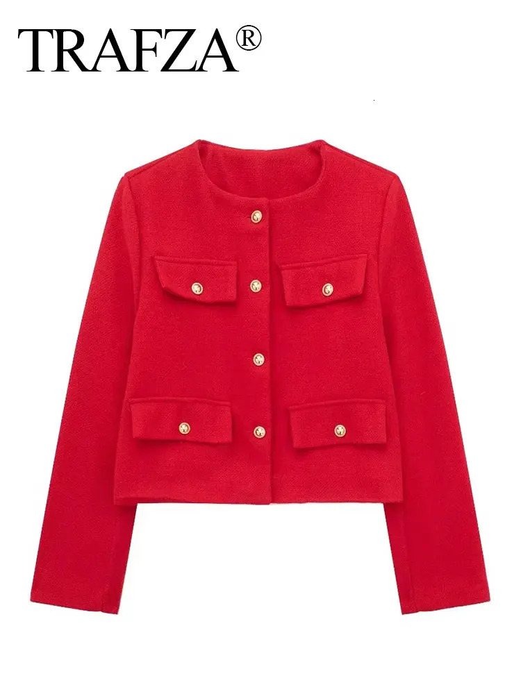 TRAFZA Women Vintage Solid Coat Button Long Sleeve O Neck Jacket With Pocket 2024 Spring Elegant Female Casual Outerwear Jakcet 241122