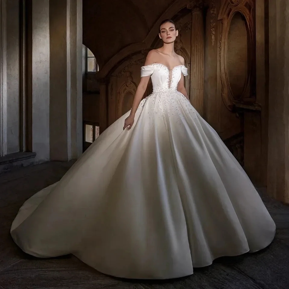 Classic Gorgeous A-line Wedding Dress Off the Shoulder Pearls Beads Satin Women Bridal Gowns Vestidos De Novias Custom Made