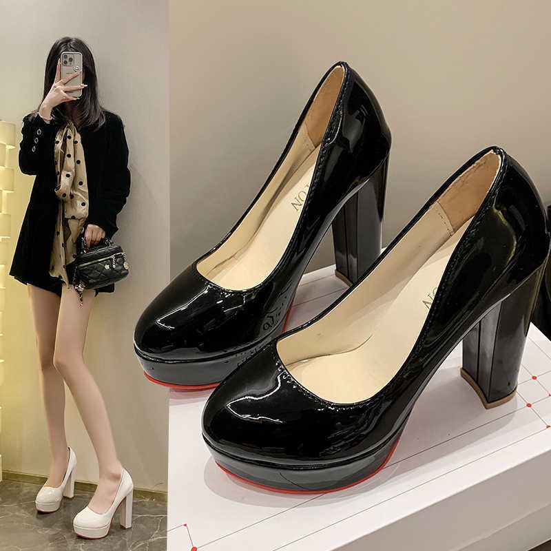 2025 Heels red bottomed 12cm French style high heels with red sole waterproof table top womens new style shallow mouth leather thick heel sexy runway 
