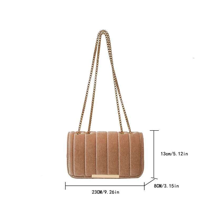 Gold Veet Fabric Small Square With Single Shoulder Chain Crossbody Bag Embroidered Thread Women's