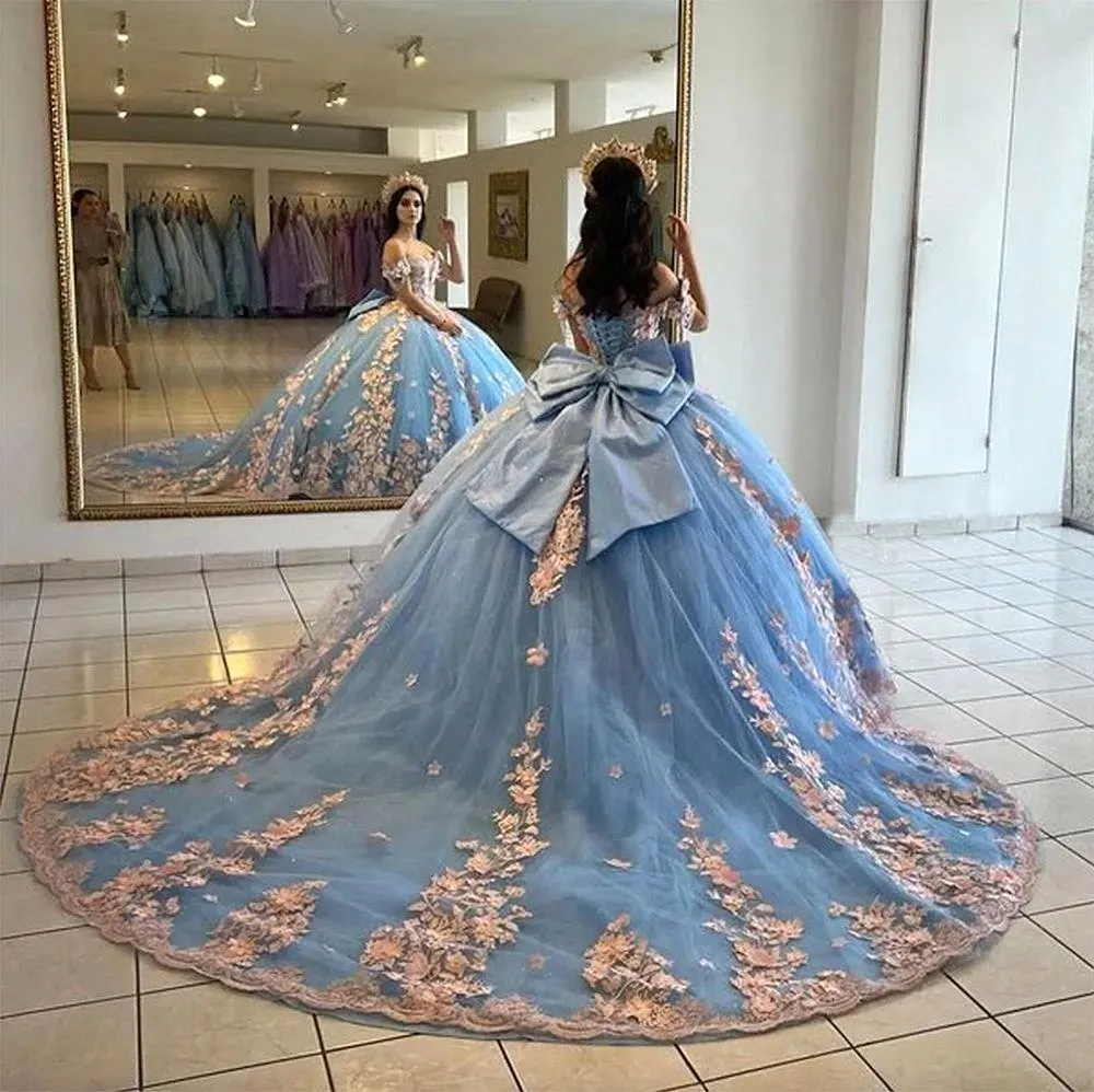 Princess Quinceanera Dresses 3D Floral Lace Appliques Off The Shoulder Big Bow Back Corset Luxury Masquerade Dress 2024 Flowers Sweet 16 Gown Vestido 
