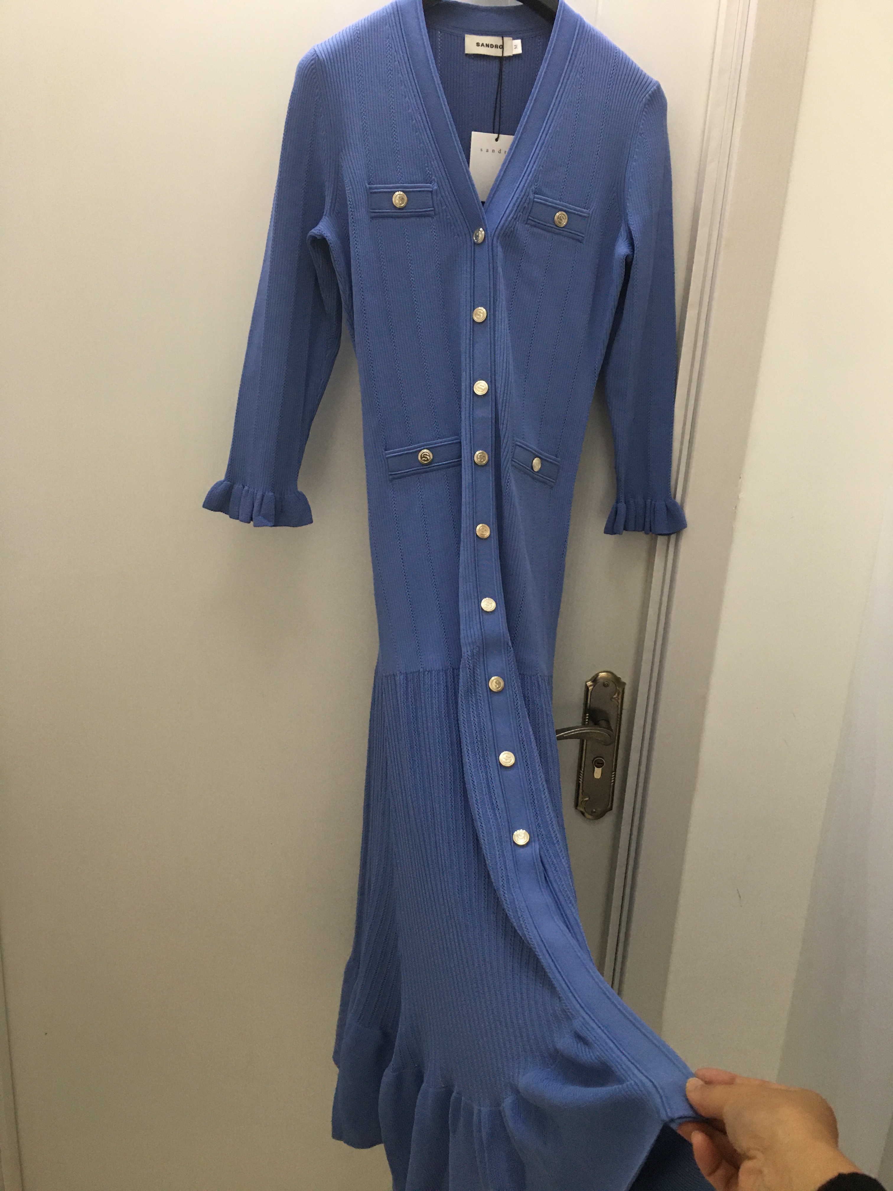 2024 Summer Sandr o Classic French style peacock blue V-neck knitted dress with slim fit and fishtail length