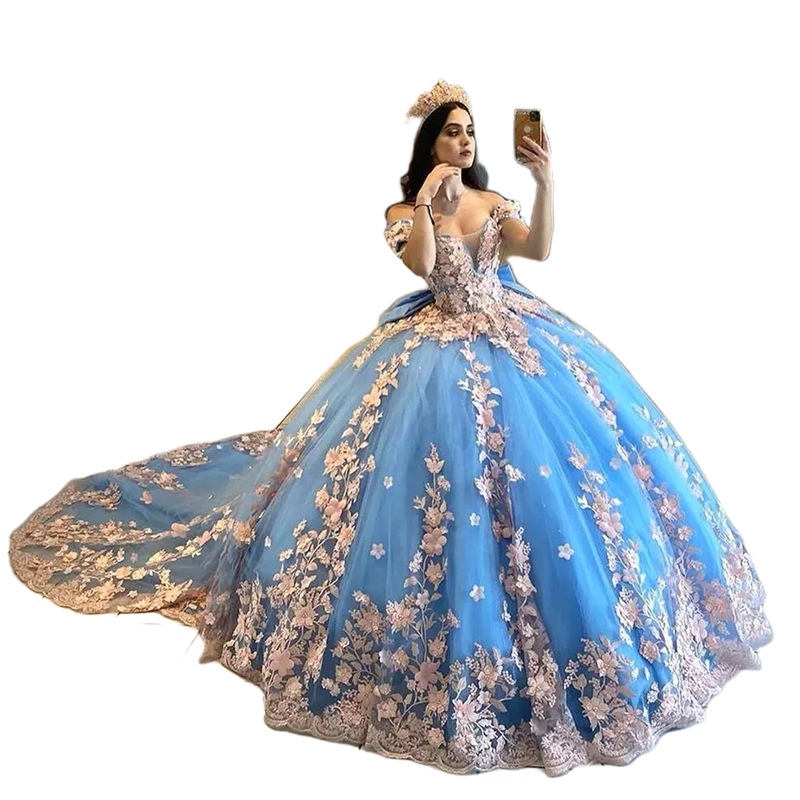 Princess Quinceanera Dresses 3D Floral Lace Appliques Off The Shoulder Big Bow Back Corset Luxury Masquerade Dress 2024 Flowers Sweet 16 Gown Vestido 