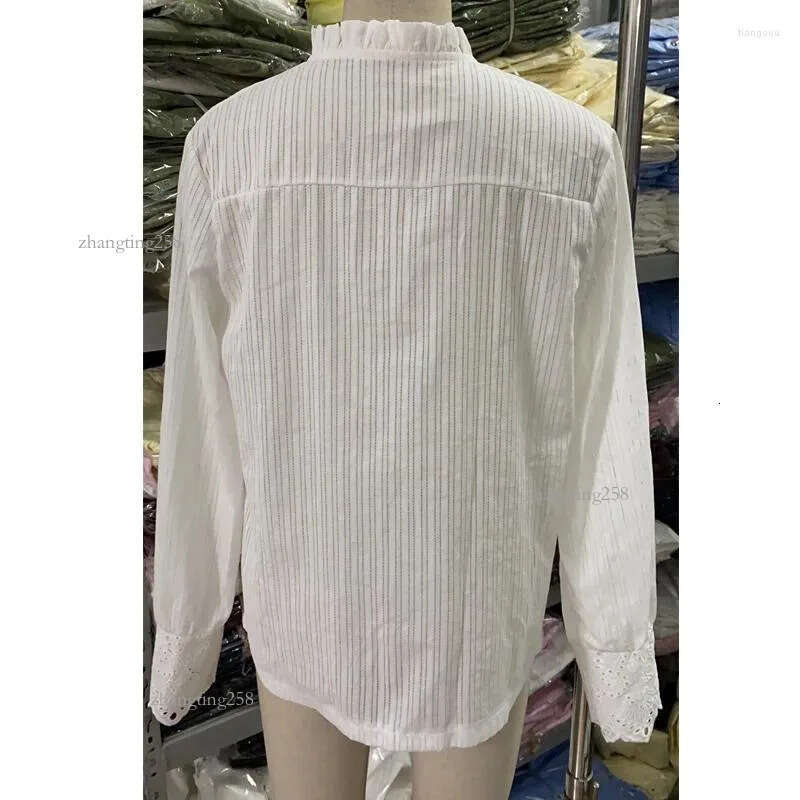 Women's Blouses Fashion Hollow Out White Lace Shirt Woman Long Sleeve Stand Collar Casual Blouse Elegant Single Breasted Tops Blusas 29363