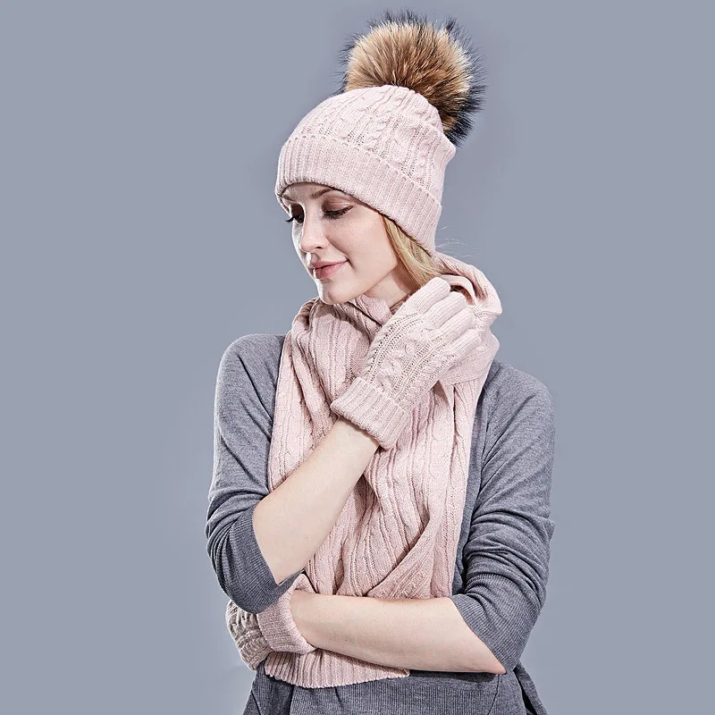 Real Fur Pompom Winter Knitted Hats For Women Hat Scarf Glove Set 3 Piece Sets Twist stripes Cap Gorros Bonnet Beanie Skullies 241122
