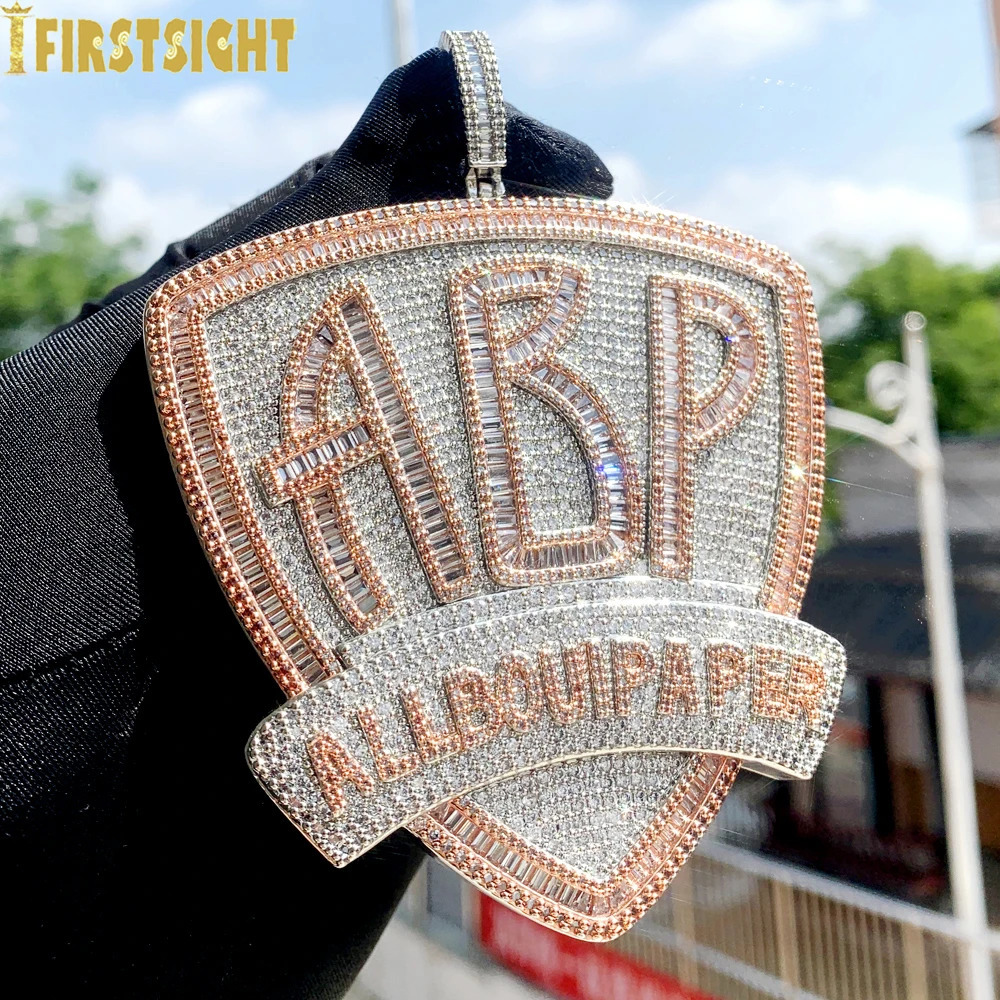 Iced Out Bling CZ Letter ABP Pendant Necklace Full Cubic Zirconia All Bout Paper Badge Charm Men Fashion Hip Hop Jewelry 241122
