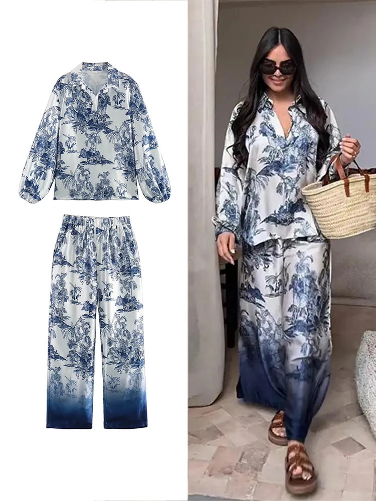TRAF Ladies Casual Tree Printed Poplin Two Piece Set Elegant Lapel Long Sleeve Shirt High Waisted Loose Wide Leg Pants Set 241122