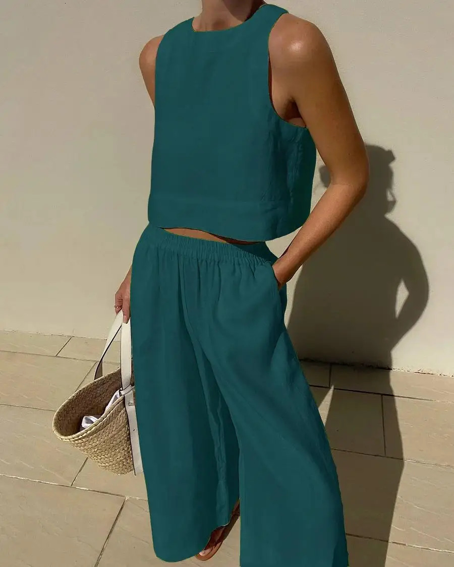 Women Spring Summer Fashion 2024 Holiday Linen Pant Set Crop Tops Solid Outfits Sleeveless 2 Two Piece Matching For 240407