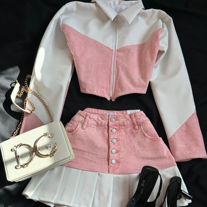 Casual leather patchwork denim pink two-piece set womens Y2K Harajuku long sleeved zipper jacket mini pleated skiing autumn jacket 241120