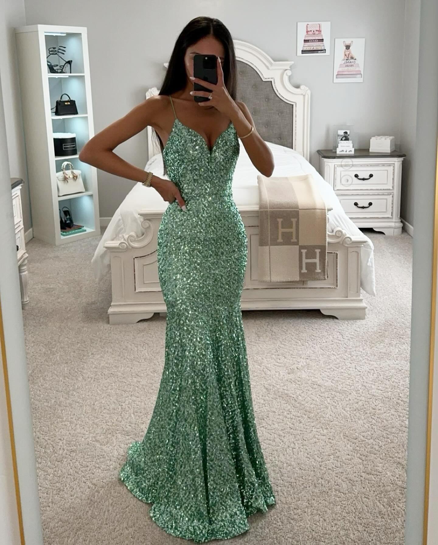 Mint green mermaid prom dress sequins spaghetti formal evening dresses elegant backless party gowns for special ocns long robe de soiree