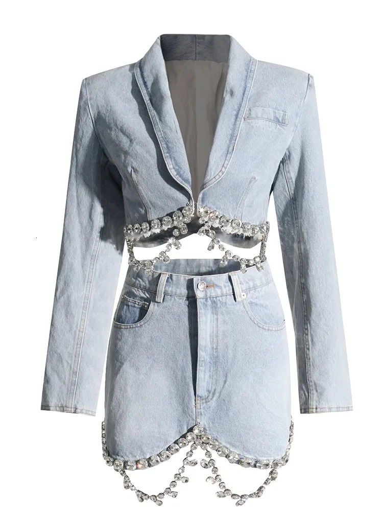 TWOTWINSTYLE Spliced Diamonds Tassel Denim Two Piece Set For Women Lapel Long Sleeve Coat High Waist Mini Skirt Fashion Set 240412