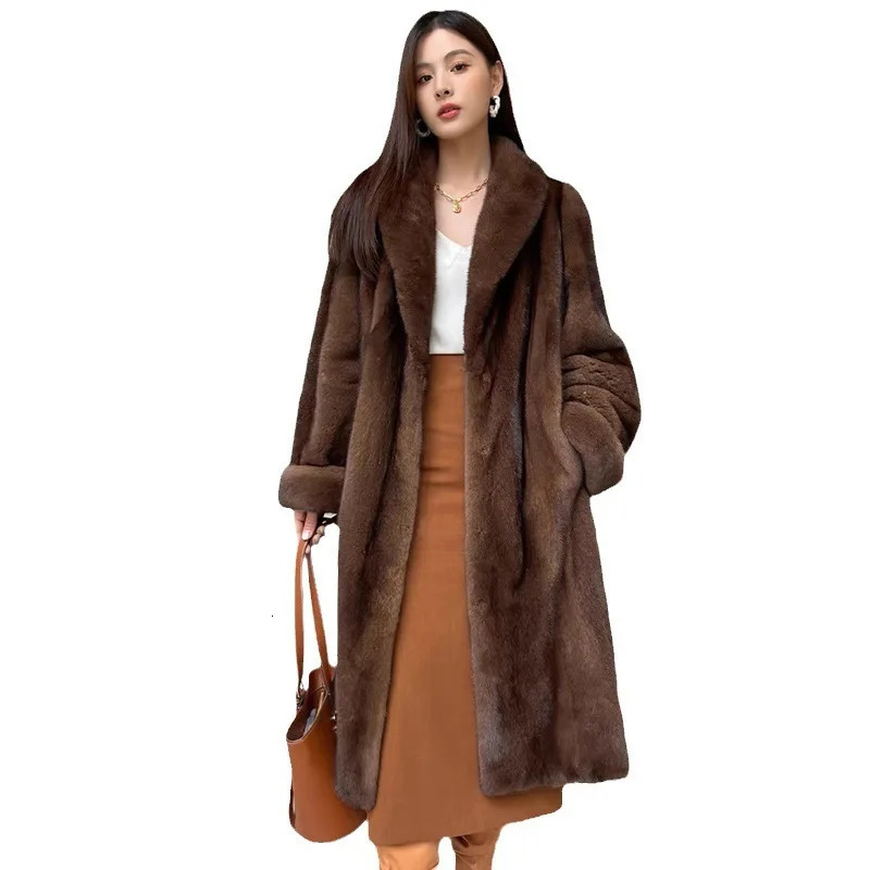 Womens mink fur coat velvet style lapel long winter casual warm windbreaker 241121