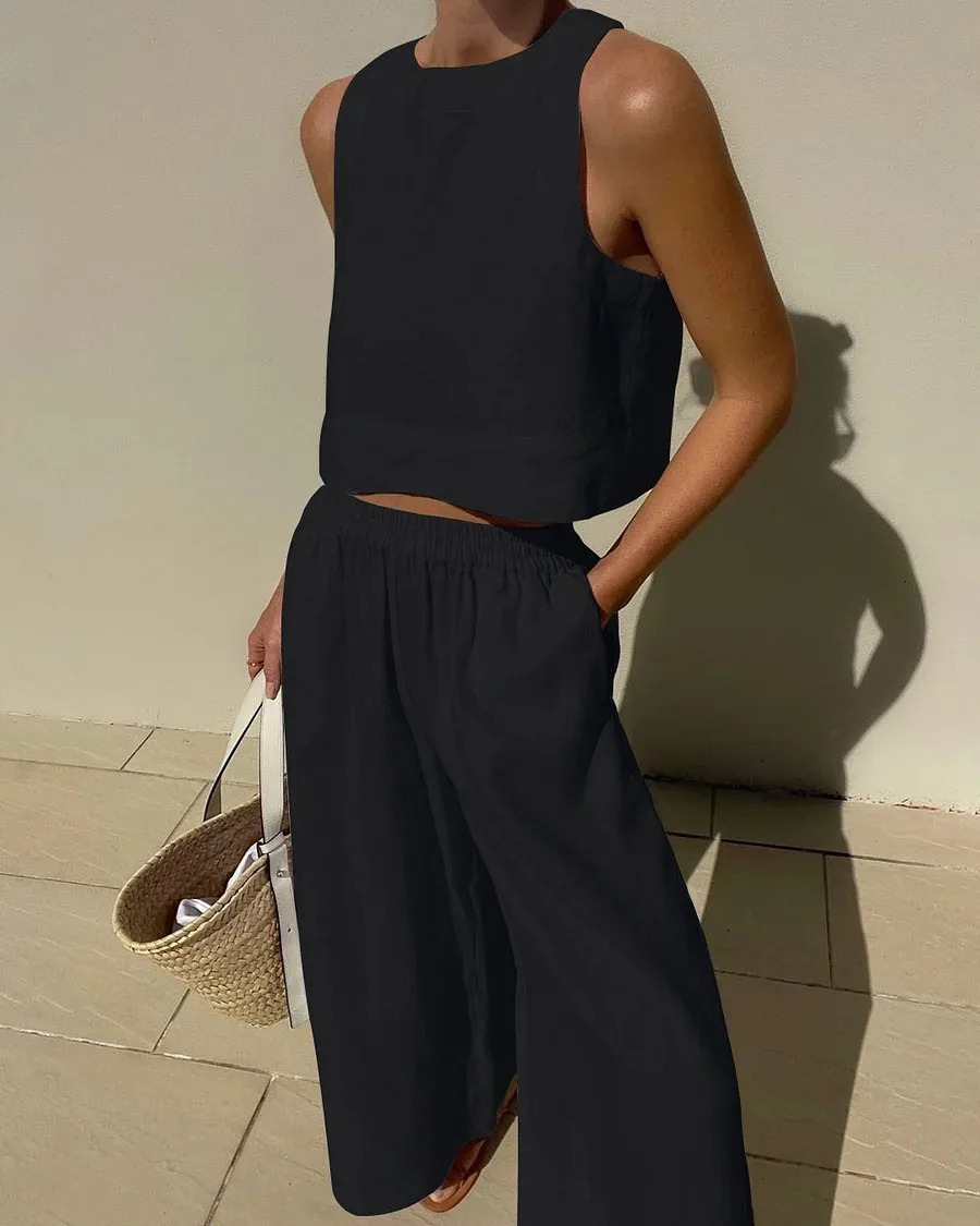 Women Spring Summer Fashion 2024 Holiday Linen Pant Set Crop Tops Solid Outfits Sleeveless 2 Two Piece Matching For 240407