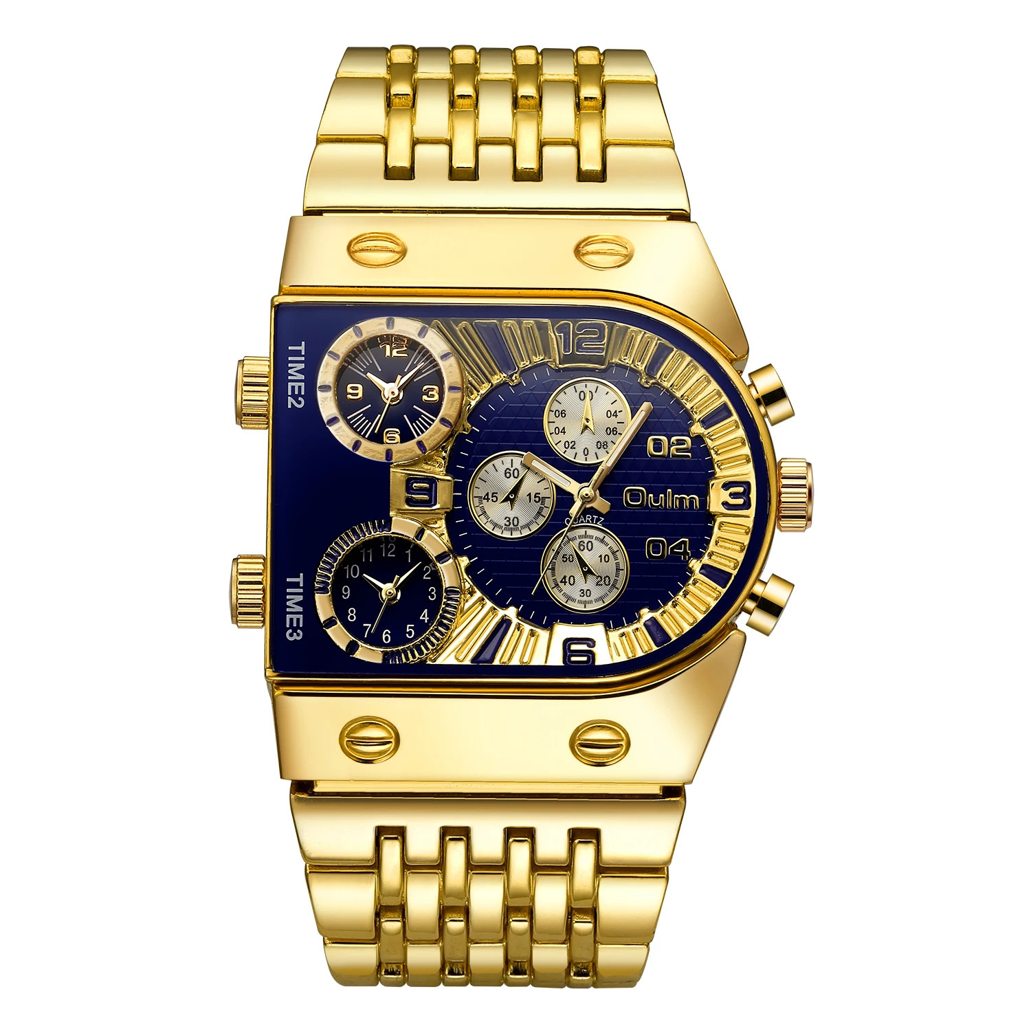 Oulm 9315 Golden Watch Quartz Male Military Wristwatch 3 Time Zone Big Dial Full Steel Men Watches Relogio Masculino 241122