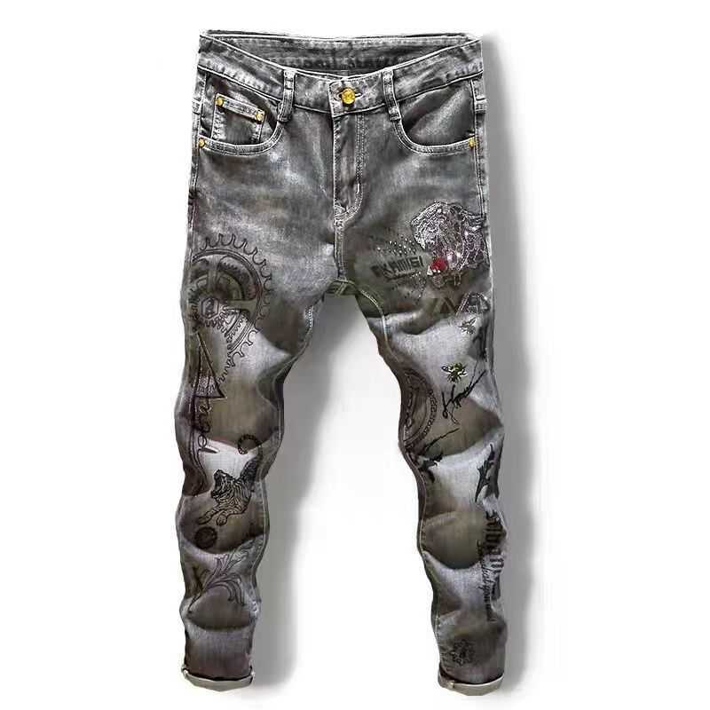 Men's Four Seasons Slim PP Washed Black Hot Drill Tight Stretch Casual Fashion Go-Go Trend In The Waist Hole Small Leg Jeans L2403