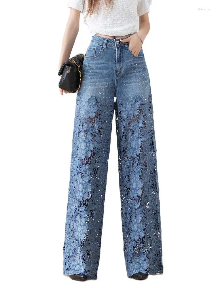 Women's Jeans Stylish Hook Flower Hollow Out Embroidered Women 2024 Fashion High Waist Wide Leg Straight Denim Pants Streetwear Y2k