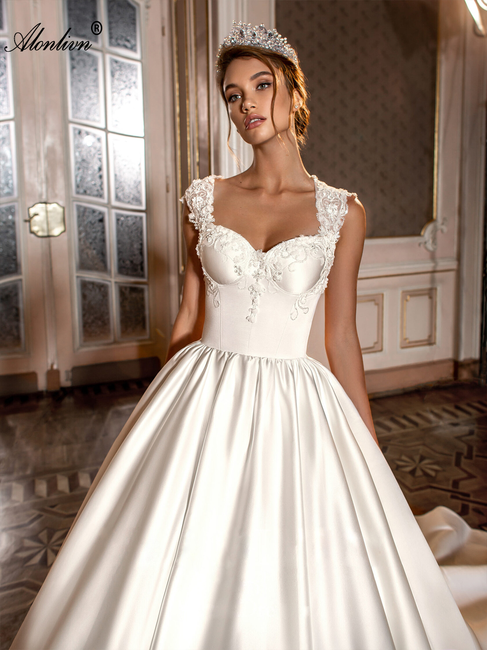 Luxury Satin A-line Wedding Dress Square Collar Elegant Bridal Gowns 2024 With Beading Pearls Appliques Lace