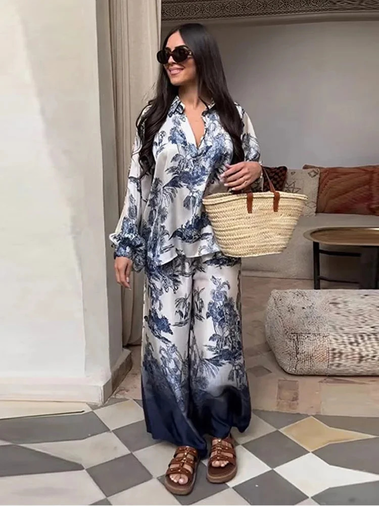 TRAF Ladies Casual Tree Printed Poplin Two Piece Set Elegant Lapel Long Sleeve Shirt High Waisted Loose Wide Leg Pants Set 241122