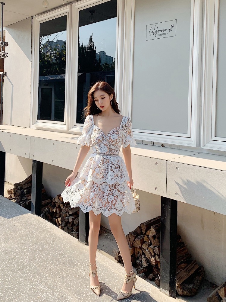 Summer Self Portrait Lace Dress Women Sexy Hollow Out Puff Sleeve High Waist Backless White Mini Dresses 210520