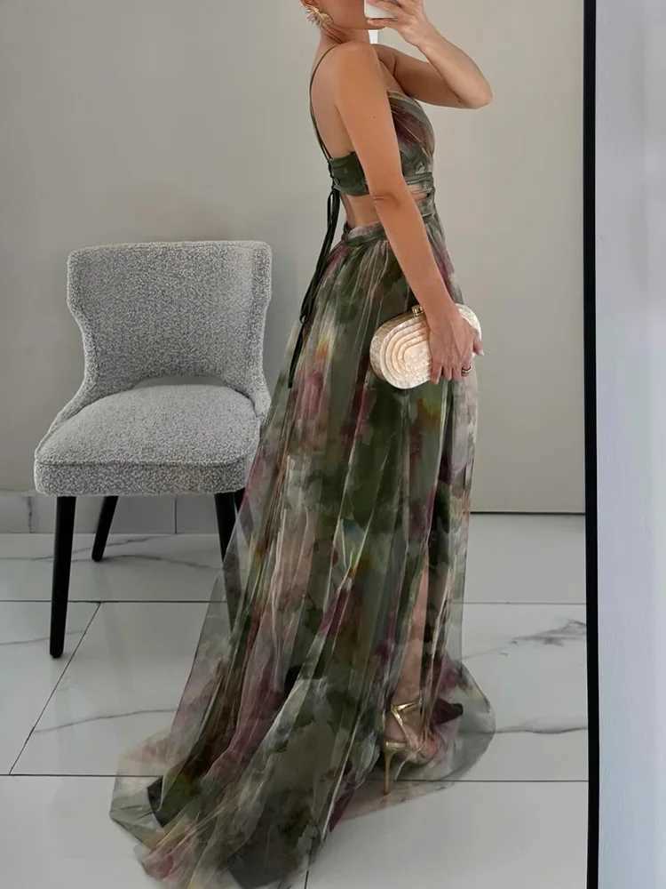 V-neck sexy hollow party dress warm summer casual wear fashionable printed Maxi dress strapless lace womens dress Vestido M241123