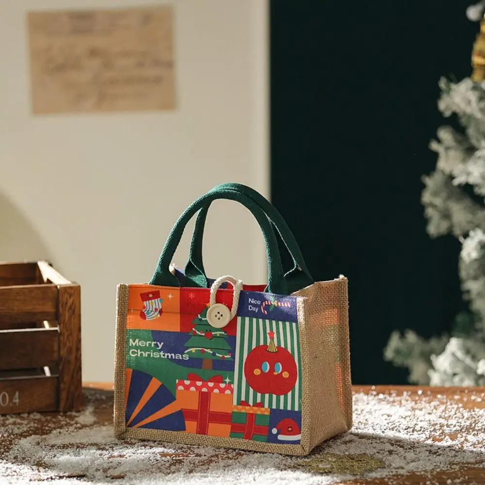 Santa Claus Snowman Printed Christmas Handbag Reusable Large Capacity Linen Handbag with Buckle Shopping Bag Christmas Gift 241122