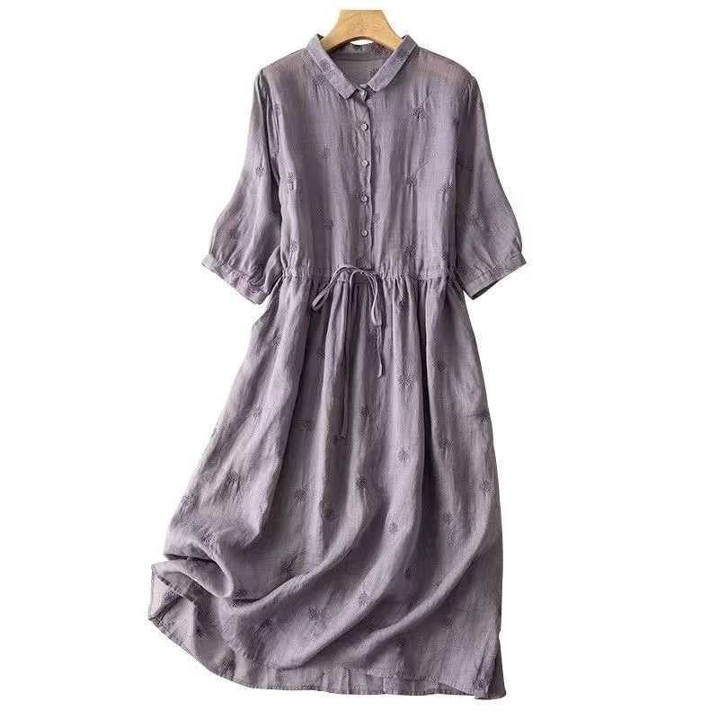 New Summer Rami Dress Wenling Short Skirt Sve Pahwork Party Dress Embroidered Cotton Linen Midi Dress M241123
