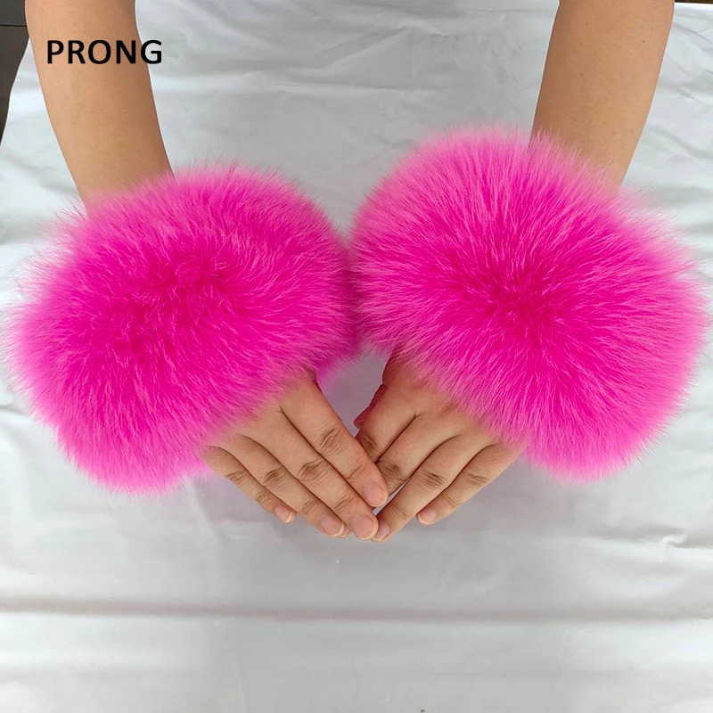 Real fur cuffs wrist warmth black real fox fur wristband womens bracelet jacket sleeve decoration real fur cuffs jacket accessories 241122