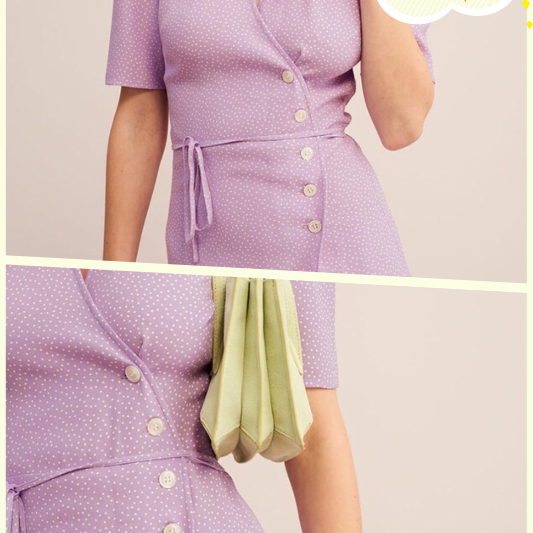 0C624M72 Women's Short Sleeved Dress Basic Casual Dresses Wavelet Dot Wrapped Skirt Silk Crepe Edition Wrapped V-neck