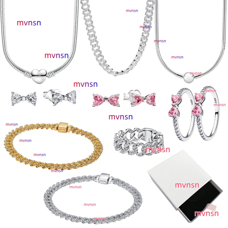 designer necklaces with box Cuban Chain earrings rings bracelet for womens high quality 925 silver Sparkling pink Bow Diamond Charm Bracelet Christmas Jewelry gift