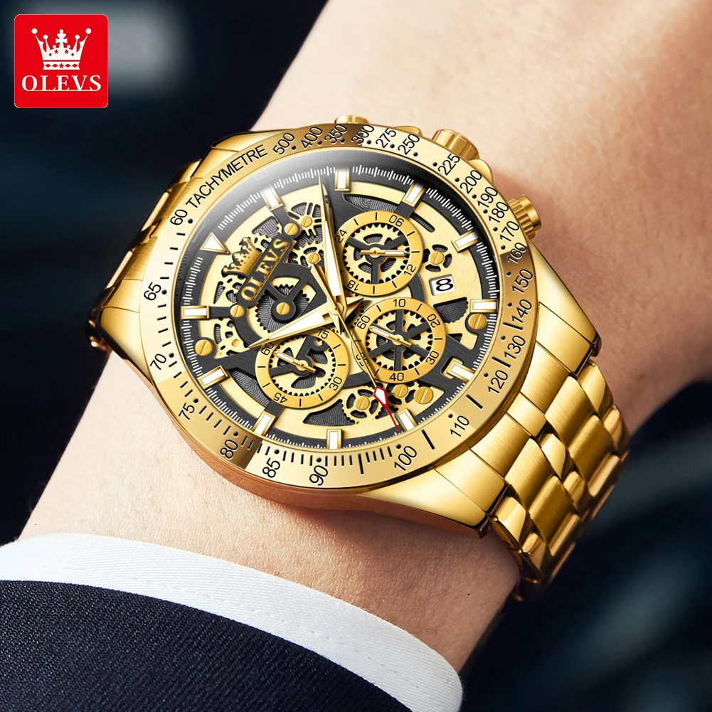 OLEVS Lxuxry Gold Mens Watches Full Skeleton Stainless steel Chronograph Wristwatch Waterproof Luminous Quartz Watch Men 241122